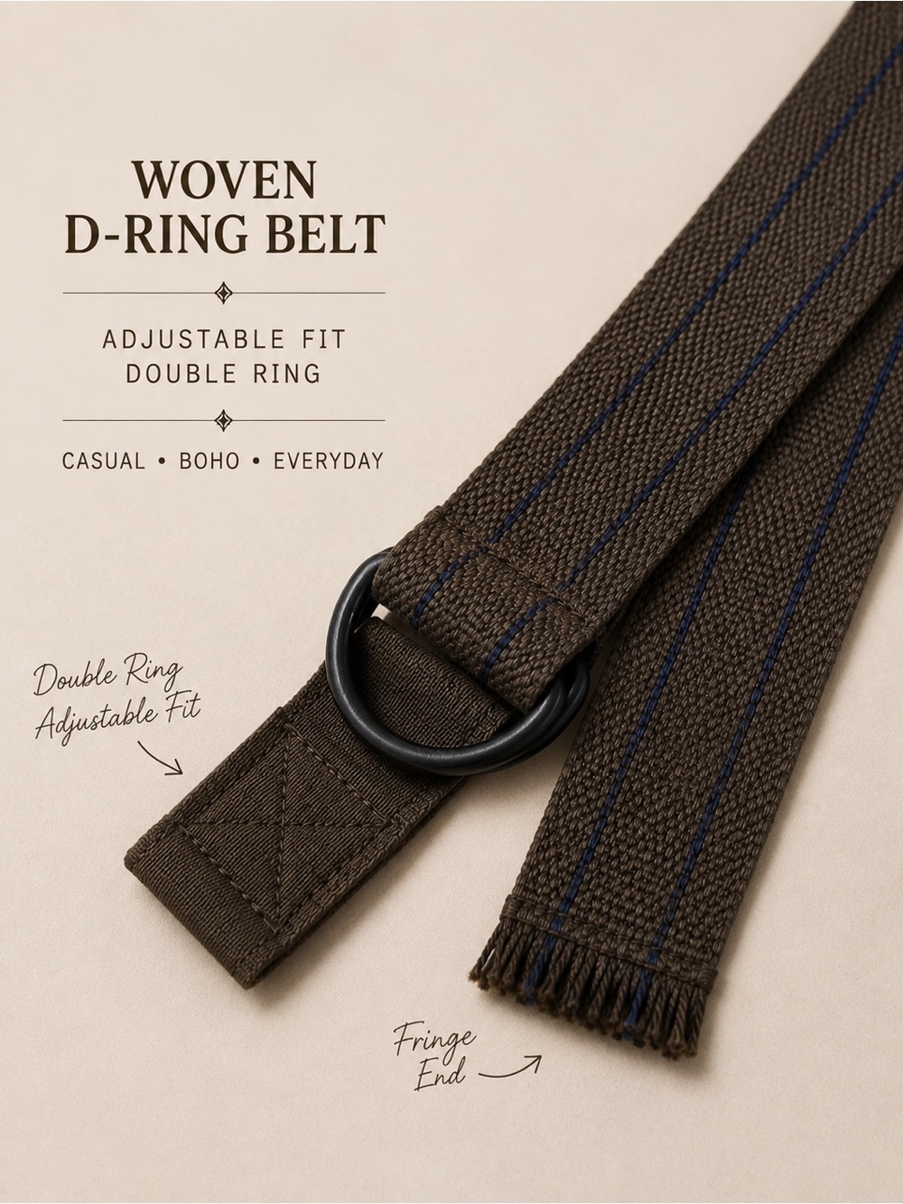 Brown Woven Web D-Ring Belt Double Ring Adjustable Casual Canvas Fringe End Boho